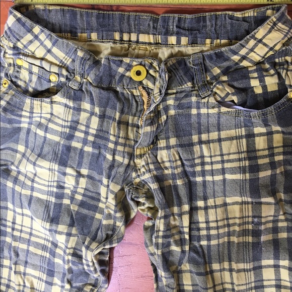 Yellow & Black Plaid Trousers/Jeans, Vintage, sz L - Picture 2 of 7